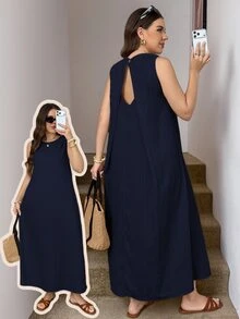 Easowa Curve Plus Size Women Solid Color Casual Daily Summer Travel Dress - Navy Blue - View 1
