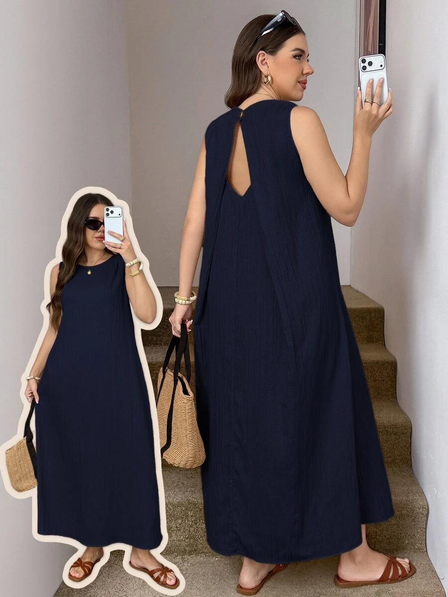 Easowa Curve Plus Size Women Solid Color Casual Daily Summer Travel Dress - Navy Blue - View 1