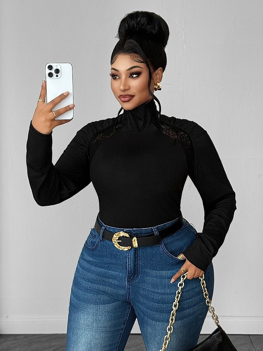 Maweii Plus Size Minimalist Sexy Style Semi-High Neck Lace Patchwork Long Sleeve T-Shirt, Ruched Puff Shoulder, Elastic Ribbed Slim Fit Base Layer Top - Black - View 1