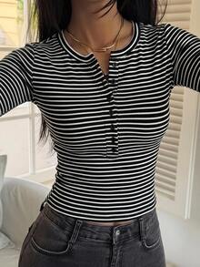 DAZY 女款條紋修身性感休閒套頭街頭風T恤 秋季 - 黑色 - 查看 3