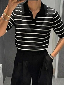 DAZY Women's Collared Striped Pullover Short Sleeve Sweater - Black and White - View 1