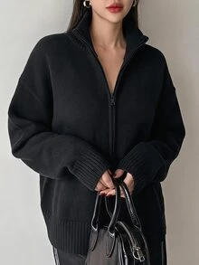 DAZY 女款秋冬拉鍊長袖舒適休閒針織衫 - 黑色 - 查看 1