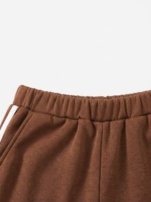 SHEIN 青少年女孩秋冬休閒抓絨內裡加厚運動衫套裝，紐約市印花寬鬆圓領落肩長袖套頭衫搭配同款印花百褶寬腿直筒運動長褲，2件式運動風套裝，麻灰色 - 棕色 - 查看 4