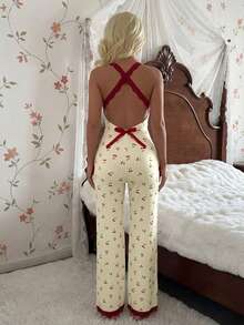 CottageSlumber Contrast Color Lace Trim Sweet Cherry Print Sexy Comfortable Home Sleepwear Jumpsuit - Multicolor - View 5