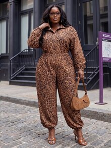 Slaydiva Jumpsuit Wanita Ukuran Besar Model Baru Musim Gugur/Dingin Lengan Panjang Longgar dengan Bagian Depan Setengah Terbuka, Pinggang Elastis, dan Potongan Kaki Meruncing, Motif Leopard - A - Coklat - View 8