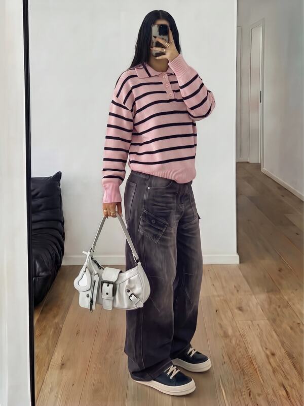 StreetHx Women's Cute Sweet Pink Striped Top, Fashion Casual Vacation Versatile Slim Fit Sweater, Daily Commute, College Style, Streetwear