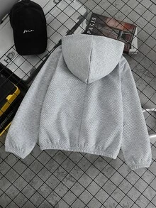 SHEIN Boys Casual Sports Jacket: Textured Jacquard Pattern Full Zip Hooded Sweatshirt With Slanted Pockets, Solid Gray Long Sleeve - Grey - View 2