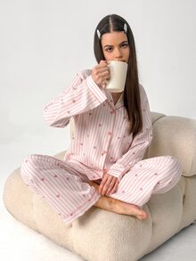 Napfluff 泡泡皺褶愛心印花女款開襟領睡衣套裝 - 淺粉色 - 查看 6
