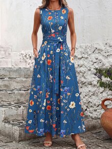 SHEIN Clasi 復古碎花寬腰長洋裝，適合夏季穿著 - 藏蓝色 - 查看 3