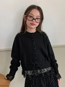 Dazy Kids Tween Girl Autumn/Winter Casual Lace Patchwork Cardigan - Black - View 7