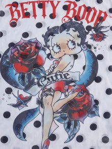 Betty Boop x SHEIN 女款波點印花不對稱單肩寬鬆上衣 - 黑與白 - 查看 8