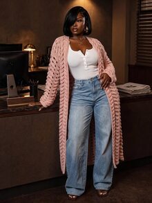Slaydiva Cardigan Rajut Wanita Ukuran Besar, Mantel Panjang Rajut Kabel Berongga Warna Nude, Mantel Duster Depan Terbuka untuk Musim Gugur - Berwarna merah muda - View 9