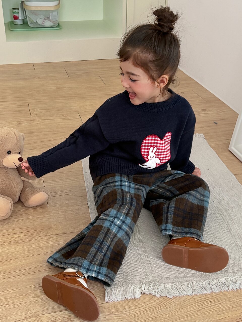 Girls' (Small) Plaid Loose Straight Leg Elastic Waist Casual All-Match Versatile Autumn/Winter Long Pants
