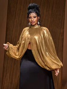 Maweii Plus Size Women's Sexy Metallic Split Hem Party Blouse - Gold - View 6