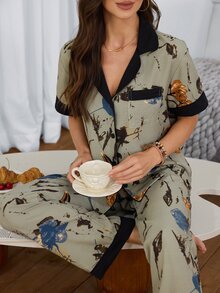 Serenescape Artistic Floral Print Loungewear, Contrast Color Lapel Loose Casual Home 2 Pieces Set - Green - View 3