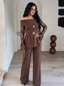 Vavine Women's Brown Contrast Lace Gold Rose Buckle Off-Shoulder Top And Long Pants Elegant Two Pieces Set - Coffee Brown - View 3