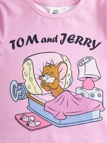 TOM & JERRY X SHEIN Young Girl Letter Print Short Sleeve T-Shirt And Shorts Loungewear Set - Baby Pink - View 4