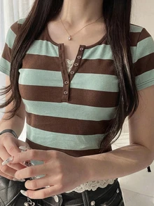 DAZY 女款拼色休閒百搭日常短袖T恤 - 綠色 - 查看 3