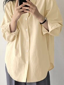 DAZY 女款極簡日常單排扣長袖襯衫 - 黃色 - 查看 2