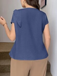 SHEIN LUNE 大尺碼純色優雅百褶領結襯衫 商務風 - 藍色 - 查看 2