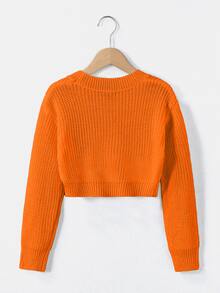 SHEIN Tween Girl Solid Color Crew Neck Long Sleeve Casual Sweater - Orange - View 2
