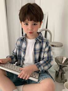 DAZY Young Boys Plaid New Loose Fit Long Sleeve Shirt Top, Autumn Basic Casual Style - Blue - View 6