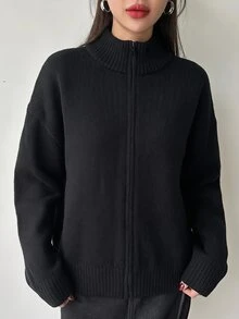 DAZY 女款秋冬拉鍊長袖舒適休閒針織衫 - 黑色 - 查看 2