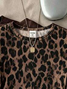 Teen Girls Casual Minimalist Retro Style, Leopard Print, Maillard Color Palette, Round Neck Ruched Waist Fitted Short Sleeve T-Shirt, Suitable For Spring/Summer Versatile Style Y2K, Easy Comfort, Tops, Chill, Leopard - Multicolor - View 3
