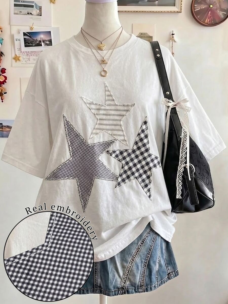 Lalippa Five-Point Star Digital Print Patchwork Embroidery Fashion Minimalist Women's Super Loose Mid-Length Round Neck Drop Shoulder T-Shirt, Friend's Gift - White - View 1