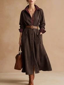 Omancia Women's Plaid Patchwork Pleated Casual Summer Midi Dress - Coffee Brown - View 4