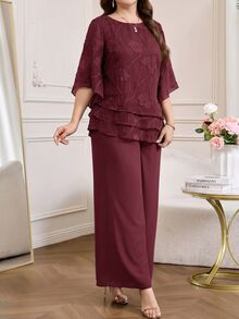 Amorya Women's Round Neck Top And Long Pants Casual Elegant Daily 2 Pieces Set Dinner Burgundy Summer - Burgundy - View 5