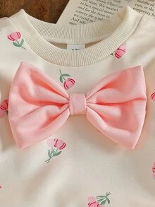 SHEIN 2件組女嬰秋冬新款杏色花卉印花百搭休閒可愛蝴蝶結圓領長袖保暖衛衣上衣與運動長褲套裝，加厚保暖內裡，適合日常穿著與各種場合 - 彩色 - 查看 5