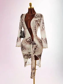 Amplova Women's Sexy Leopard Print Deep V Mini Dress - Brown - View 2