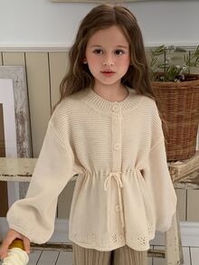 Dazy Kids Young Girls Loose Long Sleeve Autumn/Winter Cinched Waist Tie-Front Cardigan Thick Sweater - Apricot - View 7