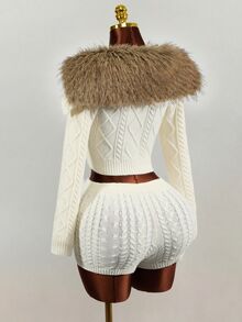 Mistrie Autumn/Winter Cozy Brown Coffee Fluffy Knit Set, Argyle Cable Knit Fitted Cropped Top & Tight Knit Shorts 2 Pieces Set - Beige - View 3