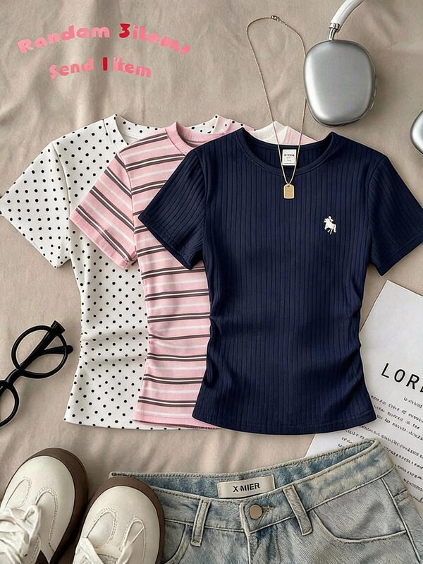 Teen Girls Casual Minimalist Pink Striped Y2K Style, Soft Girl/Pure, Round Neck Waist Gathered Fitted Short Sleeve T-Shirt Suitable For Spring/Summer Versatile Style Y2K, Easy Comfort, Tops, Chill, Leopard