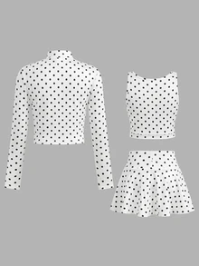 SHEIN 青少年女孩黑白波點印花3件套運動休閒服，百搭舒適 - 黑與白 - 查看 2