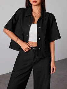 SHEIN PETITE 女款時尚單排扣口袋牛仔外套 外出早午餐旅行上衣 日常黑色夏季休閒基礎街頭風 - 黑色 - 查看 6