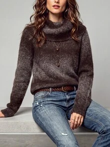 SHEIN Autumn/Winter Fashion Tie-Dye High Neck Long Sleeve Sweater - Coffee Brown - View 5