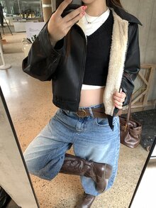 DAZY 春季新款磨損皮革短版外套 情人節女款休閒夾克 秋季外衣 - 黑色 - 查看 3