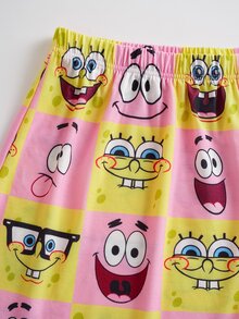 SpongeBob SquarePants | SHEIN Plus Size Women's Cartoon Print Short Sleeve Top And Shorts Casual Daily Home Sleepwear Set - Baby Pink - View 6