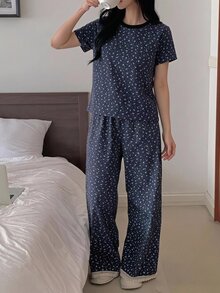 DAZY 2件組碎花拼接配色短袖T恤與長款睡褲套裝，夏季女款睡衣 - 藏蓝色 - 查看 9