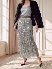 Suri Mira Falda de moda para mujer con cintura elástica, estampado floral, lentejuelas, abertura lateral en el bajo, elegante y sexy, para fiesta de cumpleaños, cena de noche, cita, otoño/ verde salvia - Verde Oliva - Ver 7