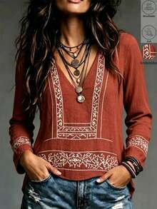 LUMIGAL Women's Linen V-Neck Long Sleeve Embroidered Casual Shirt - Redwood - View 1