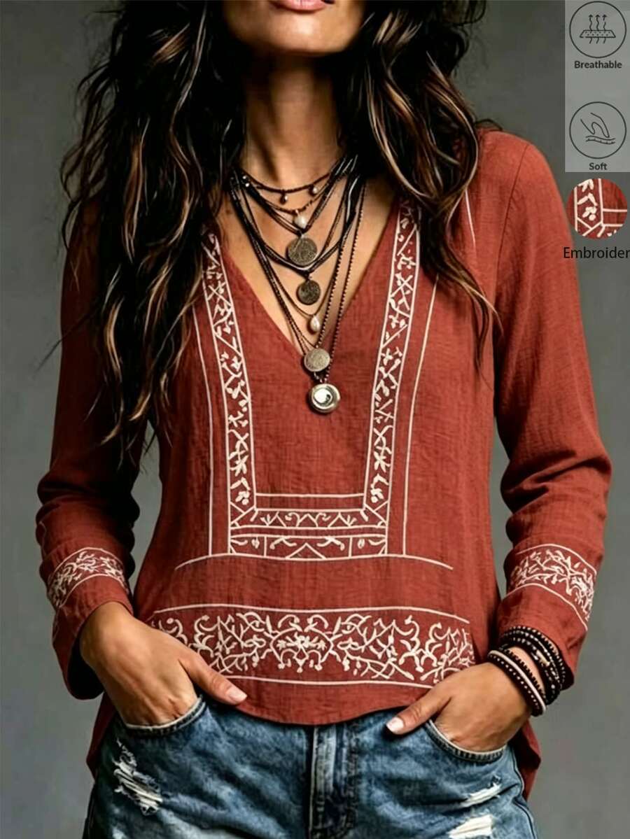 LUMIGAL Women's Linen V-Neck Long Sleeve Embroidered Casual Shirt - Redwood - View 1