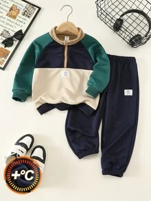 SHEIN Jungen Herbst/Winter Fleece Kinder gebürstet dick kleiner Stehkragen Ärmel Vordertasche einfarbig Sweatshirt und Hose 2-teiliges Set, Trainingsanzug - Verschiedenfarbig - Übersicht 4