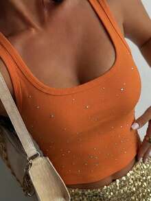 Livesso Autumn/Winter New Heavy Rhinestone Decorated Slim Fit Women's Vest - Orange - View 3