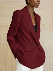 Aveloria Modichic Women's Business Style Solid Color Double-Breasted Blazer Jacket For Commuting, Autumn  - Red - View 4
