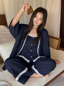 Dazy Plus 3件組度假風居家服套裝，紋理波點布料，大尺碼女款春夏白色睡衣套裝 - 藏蓝色 - 查看 3