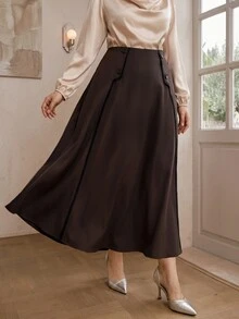 Modelyn Plus Size Elastic Waist Elegant Button Skirt For Vacation - Coffee Brown - View 4